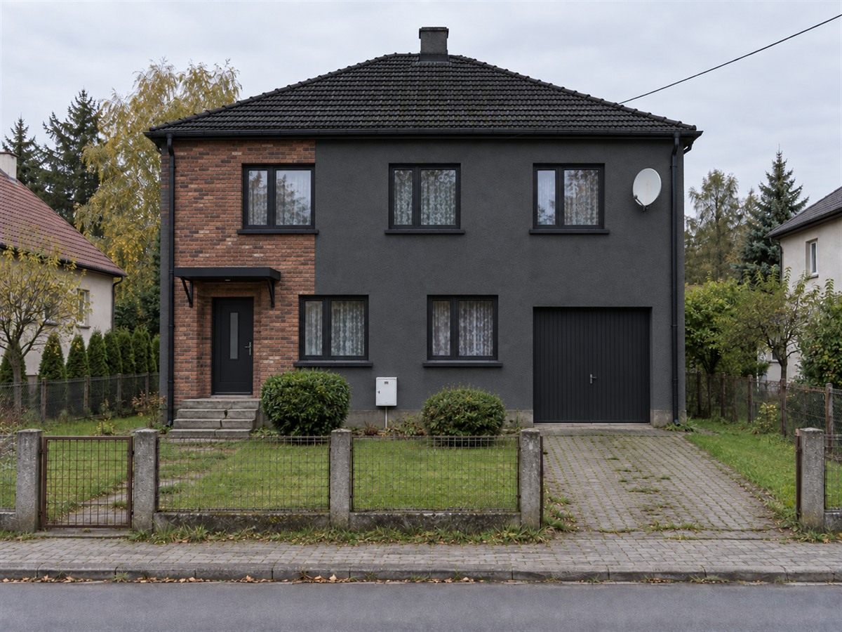 Kostka z lat 70. w stylu loft — fragment licowej cegły, ciemny tynk, metalowe detale